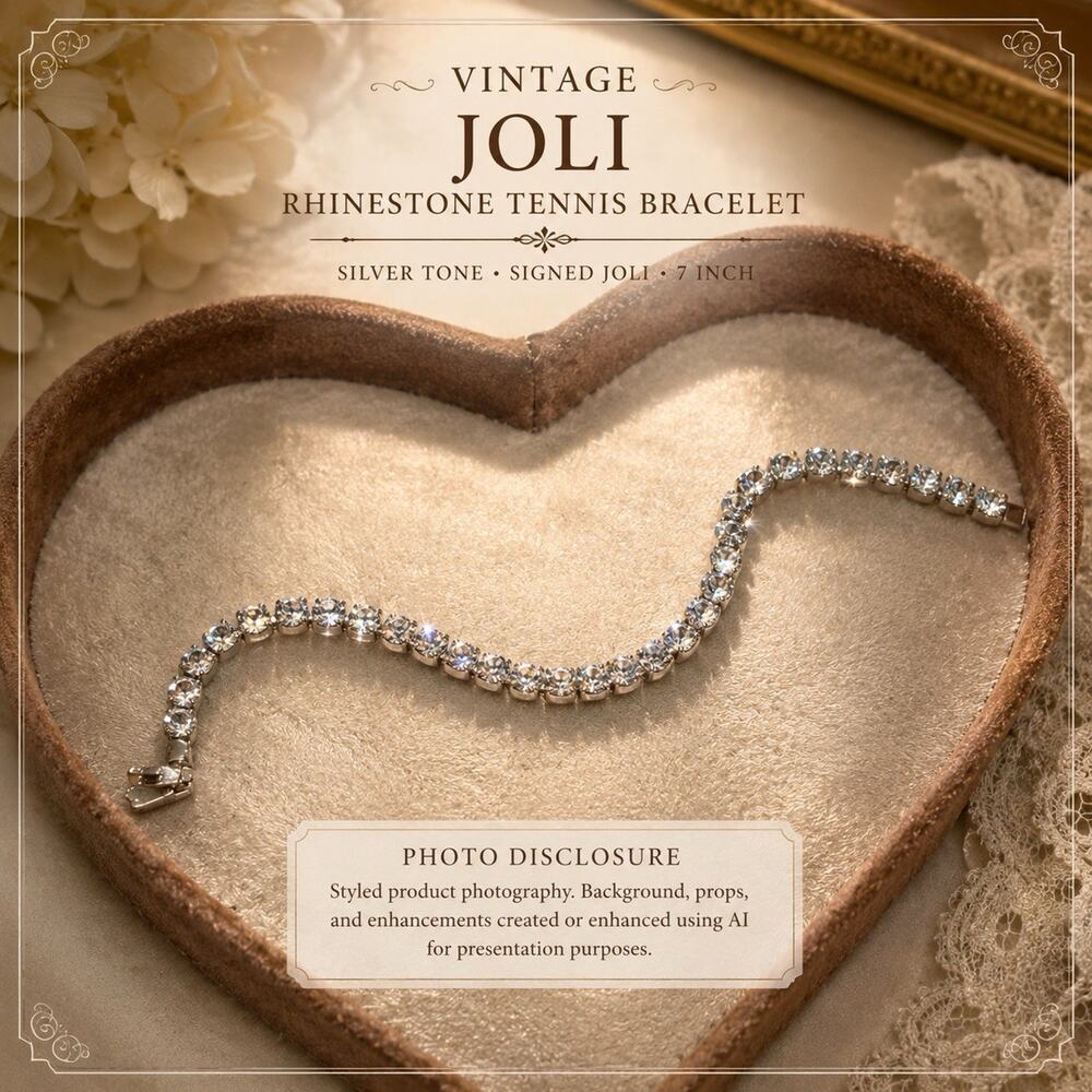 Joli Clear Rhinestone Tennis Bracelet Silver Tone 7” Signed Sparkly